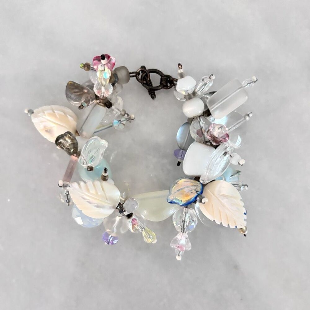 Artisan Glass Beads & Hand Carved Mother of Pearl Toggle Bracelet White and Blue